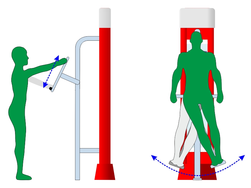 Koła tai-chi małe i surfer na pylonie - schemat działania urządzenia fitness