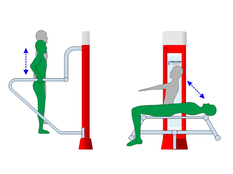 Poręcze i ławka na pylonie - schemat działania urządzenia fitness