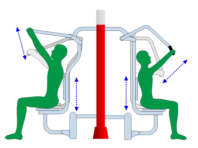 Wyciąg górny i krzesło do wyciskania na pylonie - schemat działania urządzenia fitness